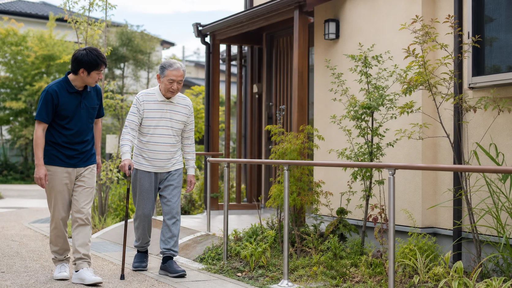 木の玄関前を杖で歩く高齢の男性に、職員が寄り添う様子