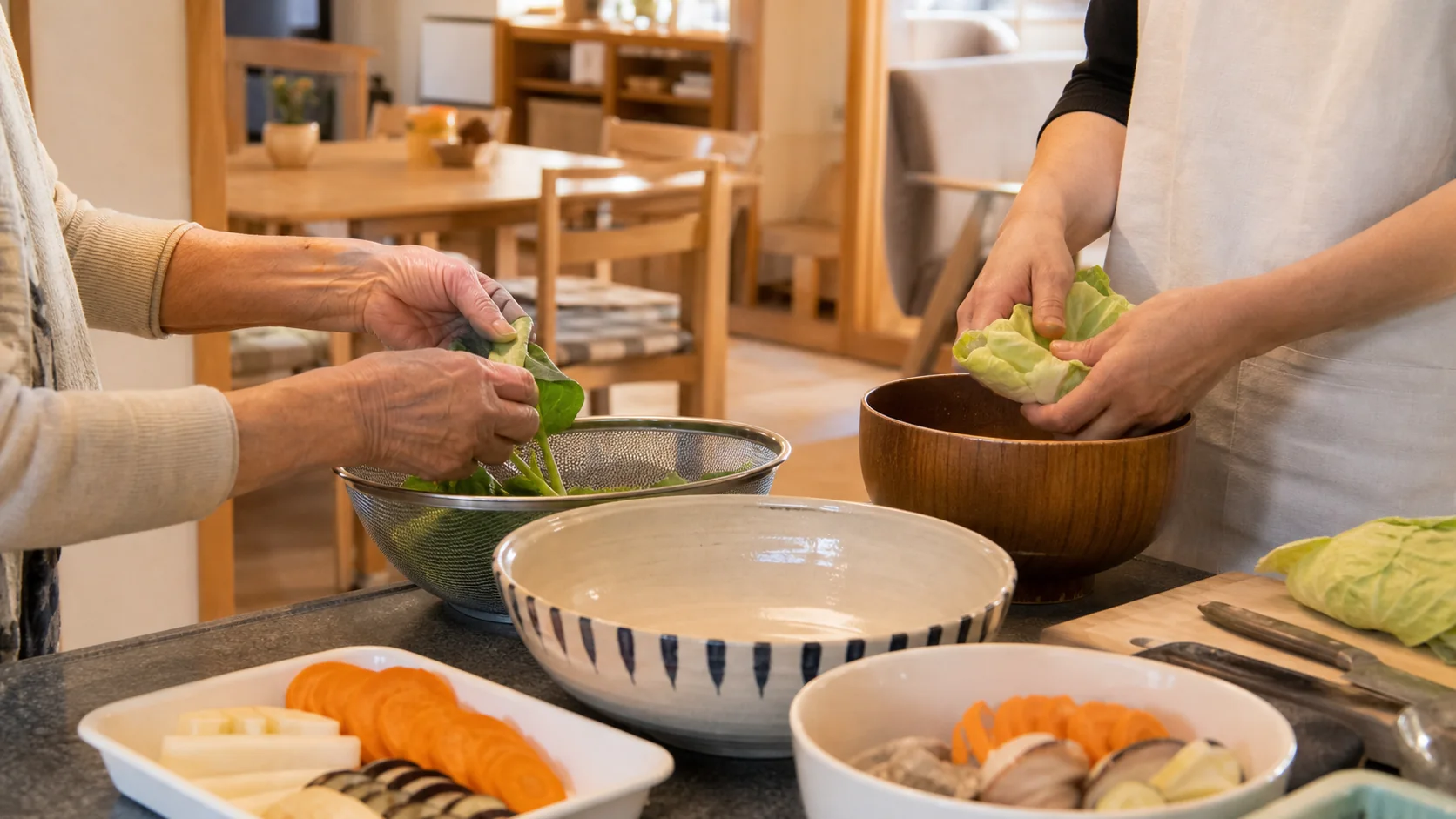 台所で手を添えながら野菜をちぎる様子