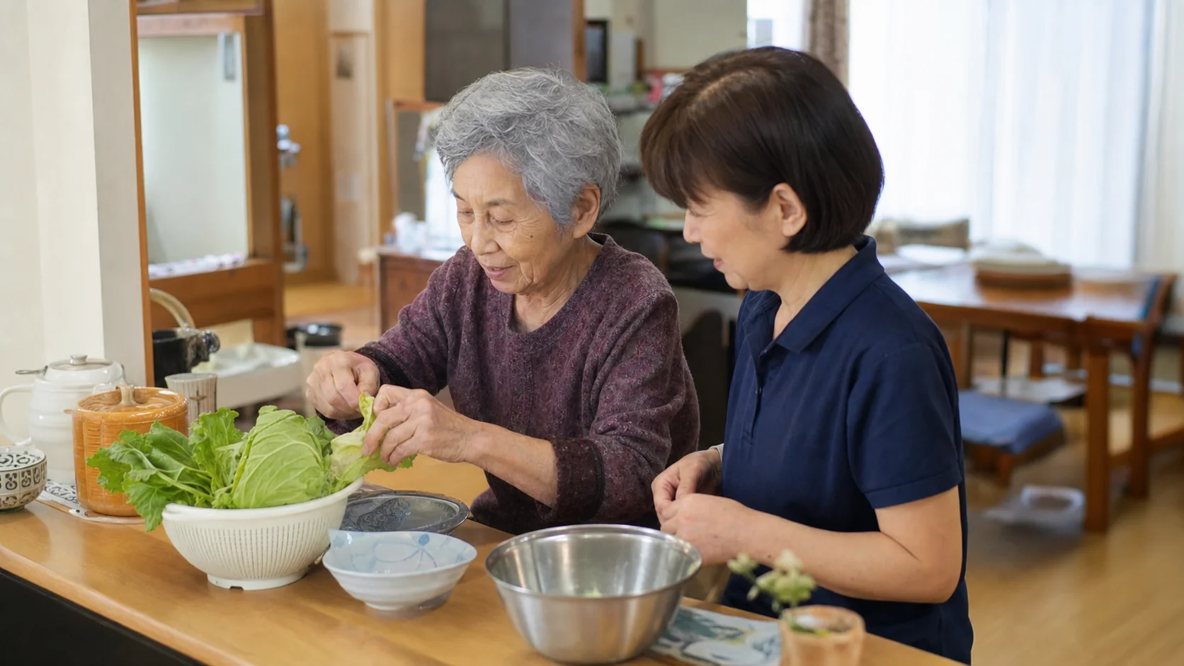 台所で高齢の女性が野菜をちぎり、職員が隣で見守る様子