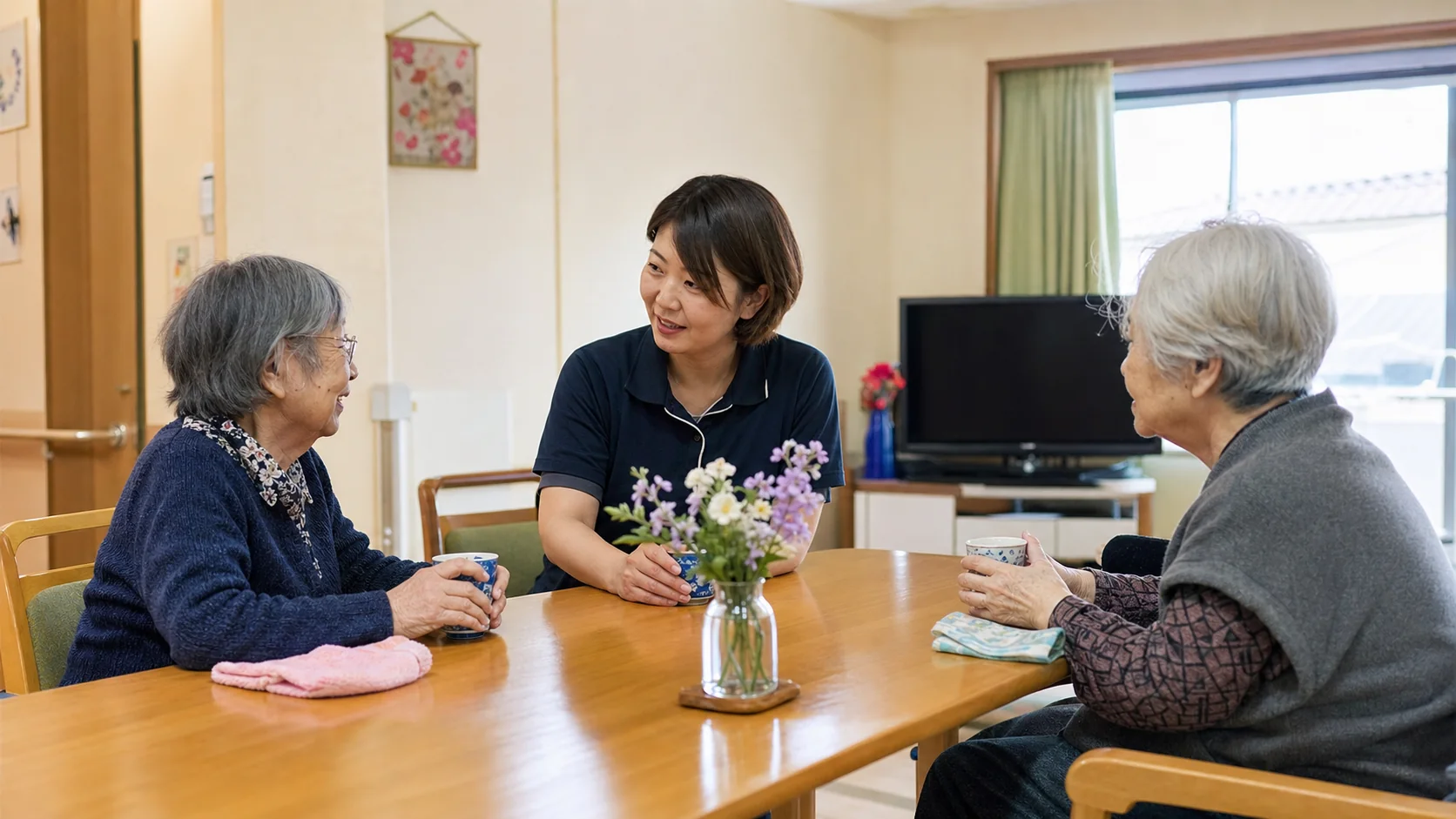 食卓を囲み、穏やかに会話をする入居者と職員