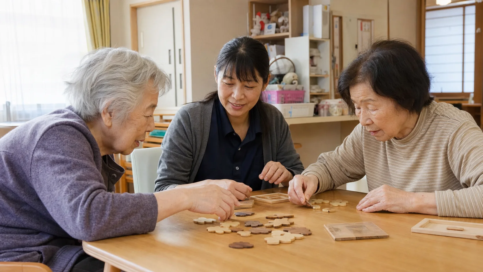 食卓で手仕事をしながら穏やかに会話する入居者と職員