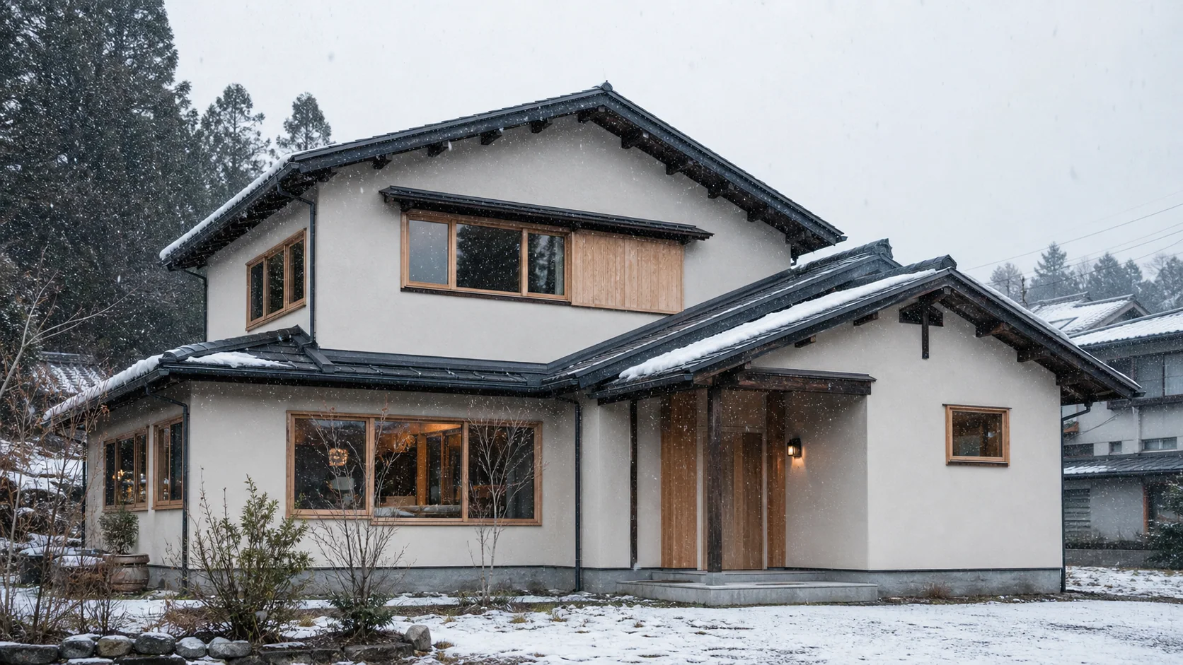 雪が降る中の梁をつなぐ家の外観