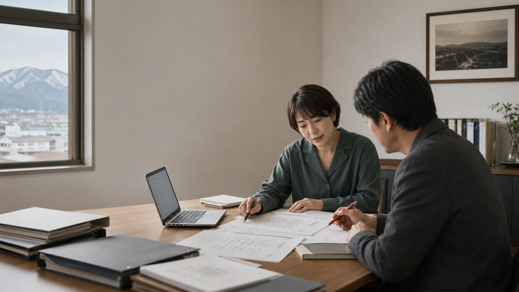 業務フローのメモを広げて相談する地方事業者の代表者と伴走者